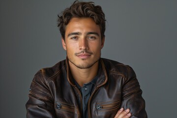 A confident young man with wavy hair and a brown leather jacket, exuding a relaxed yet assertive vibe against a gray backdrop.
