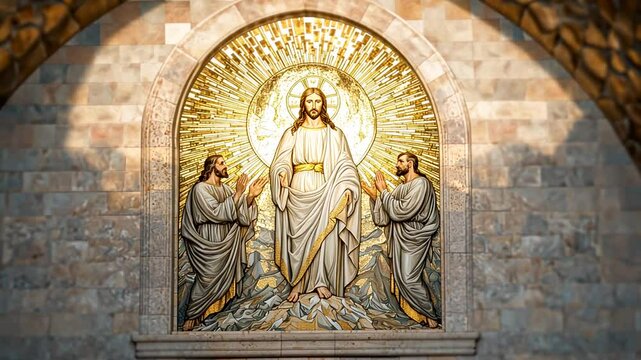A detailed Byzantine icon depicting the Transfiguration of Jesus with vibrant colors and intricate designs.