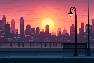 Obraz premium Cityscape sunset bench park lamp urban evening illustration