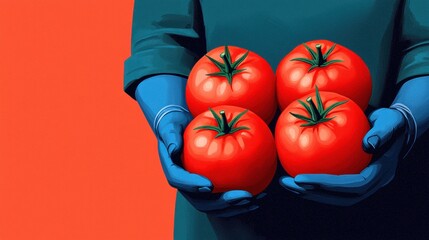 Bright Red Tomatoes Held by Hands with Blue Gloves on Orange Background
