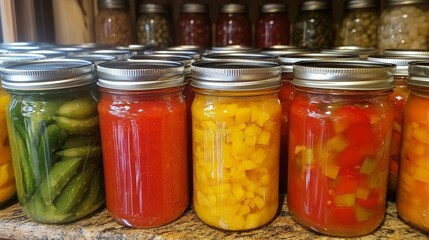 Preserved Vegetables and Fruits in Jars - A Colorful Harvest