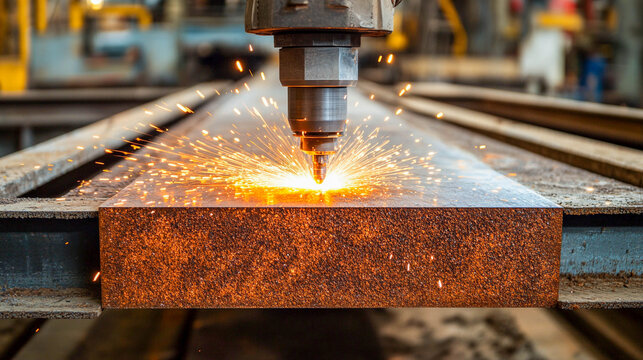The process of metal cutting in production. The head of the laser machine cuts a thick metal bar. Bright sparks fly from the cutting point.