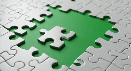 Obraz premium Missing puzzle pieces, a close-up, hyperrealistic, slightly abstract image of a jigsaw puzzle, with a gap, a missing piece, of vibrant green in the center. 