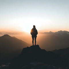 Fototapeta premium Solitude atop the Mountain: A silhouette of a person standing proudly on a mountain peak against a stunning sunset backdrop, the vast landscape.