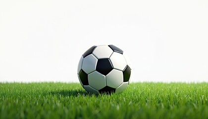 Fototapeta premium Piłka nożna na świeżym zielonym boisku trawiastym. Sprzęt sportowy do gry zespołowej, gry, rywalizacji. Aktywność rekreacyjna, zabawa i zdrowy styl życia. Wyizolowany na białym.