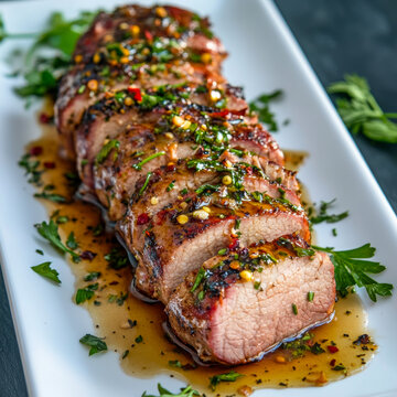 Close-up of sliced grilled pork tenderloin on a white plate, garnished with fresh herbs, chili flakes, and drizzled with savory sauce