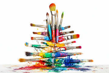 Obraz premium Colorful Christmas tree made of paintbrushes and a palette on a white background