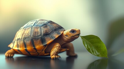 Obraz premium Elegant Turtle Holding Leaf in Its Mouth Against Soft Background