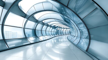 Futuristic glass corridor, city view