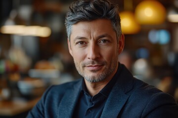 Fototapeta premium Confident Middle-Aged Man in a Restaurant Setting