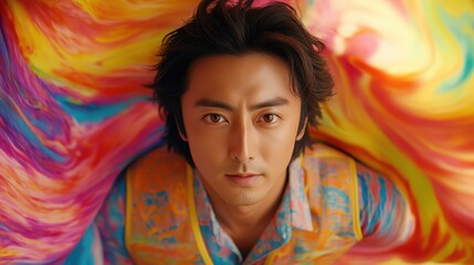 Fototapeta premium Serene Man Immersed in Vibrant, Abstract Colors