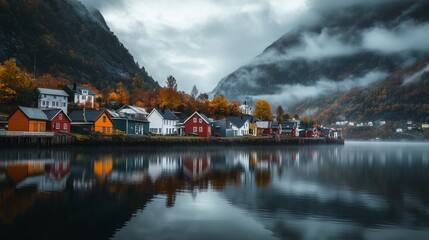 Fototapeta premium waterfront village nestled against a misty mountainside. The buildings are colorful, Scandinavian or Northern European. The scene is tranquil and evokes a sense of quiet rural beauty.