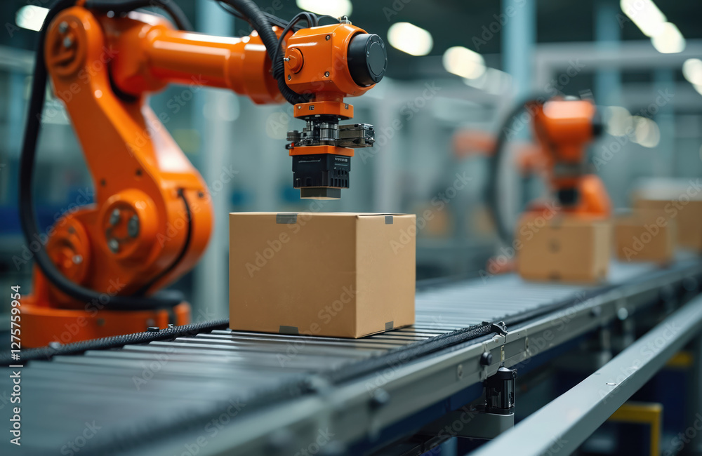 Poster orange robotic arm lifting cardboard box on conveyor belt in factory. automated industrial machinery