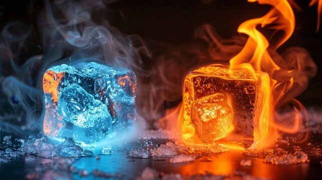 Dramatic abstract art featuring glowing blue ice cubes and fiery orange cubes in contrast - Powered by Adobe