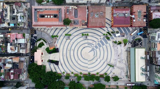 Macau, China: Aerial drone footage of the iconic Tap Seac Square in Macau city center in China. Shot with an overhead upward motion