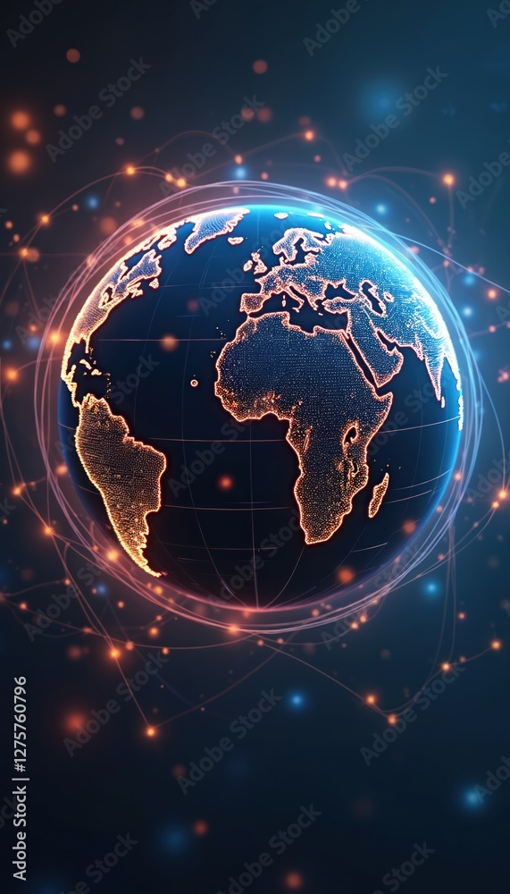 Poster Worldwide technology concept of globe with global connection lines. Futuristic tech digital earth, planet three-dimensional network. Space background element graphic design with lights and structure.