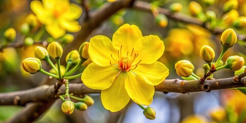 Obraz premium Close-up of Ochna integerrima Flower in Bloom, ochna plant, yellow blooms, ochna plant, yellow blooms