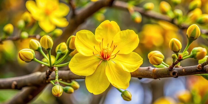 Close-up of Ochna integerrima Flower in Bloom, ochna plant, yellow blooms,  ochna plant, yellow blooms