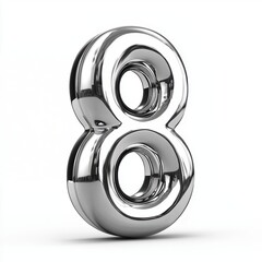 Number 8 made of polished silver metal with a reflective surface isolated on a clean white background