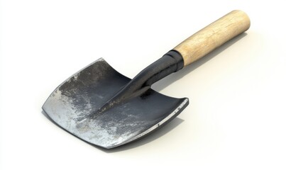 Close-up of a metal garden spade with a wooden handle on a white background, ideal for gardening