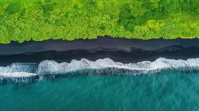 Spectacular Aerial View of Ocean Waves Meeting Black Sand Beach