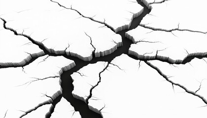 White floor after earthquake with black deep cracks. Ground floor, wall destruction effect, realistic rock, earthquake aftermath, broken surface, cement, distressed rift design.