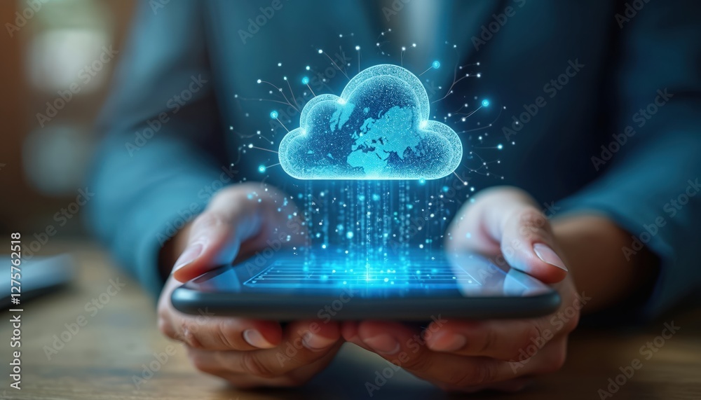 Poster close-up of person holding mobile phone with cloud computing technology illustration. digital busine