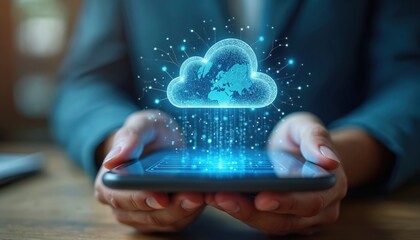 Close-up of person holding mobile phone with cloud computing technology illustration. Digital business transformation, cloud ERP, HR management, enterprise resource planning system.