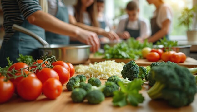 Students learn cooking in kitchen workshop. Fresh tomatoes, broccoli with vegetables scattered on table. Culinary class preparation, healthy eating and lifestyle, skill demonstration.