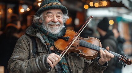 Obraz premium Smiling musician playing violin outdoors.
