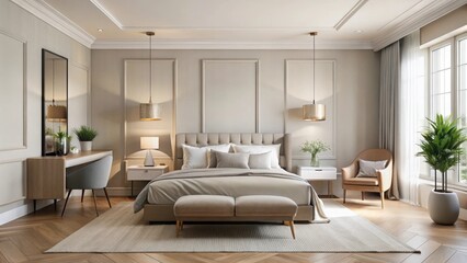 bedroom with soft neutral colors, elegant furniture, and minimalist decor