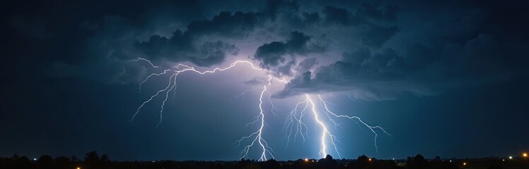 Dramatic lightning bolt splits night sky, illuminating cloud formations during storm. Intense contrast of electric flashes against darkness. Celestial event creates powerful, dynamic landscape,