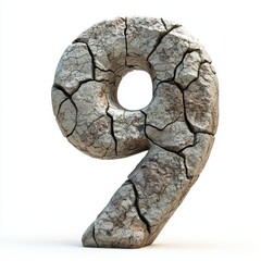 Number 9 made of rough cracked stone with realistic texture isolated on a clean white background