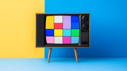 Retro TV with colorful test pattern on yellow and blue background