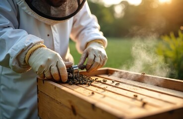 Beekeeper uses smoker to calm bees on honeycomb. Man works apiary, wears protective suit, gloves. Beekeeping concept, bee farm, apiculture, honey harvesting process.