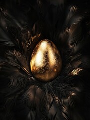 Fototapeta premium golden egg nestled in a bed of dark, iridescent feathers. 