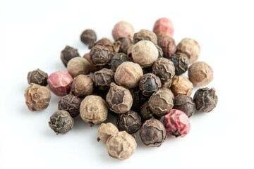 Obraz premium Vibrant pink peppercorns displayed against a clean white background for culinary inspiration