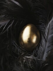 Fototapeta premium golden egg nestled in a bed of dark, iridescent feathers. 