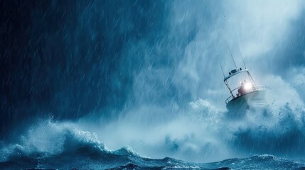 Obraz premium During a rainstorm, a rescue boat rescues people from drowning in rough seas, with spotlights illuminating the rescue operation and waves rolling around