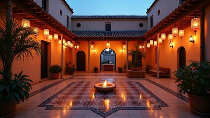 Obraz premium Serene Courtyard at Dusk: A Spanish Architectural Gem