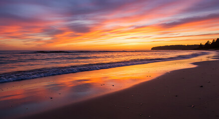 Obraz premium Vibrant Sunset Over Ocean Waves on Beach with Colorful Sky