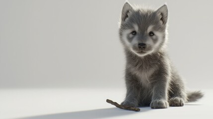 Obraz premium Adorable Gray Wolf Puppy Sitting on a Light Background with Stick