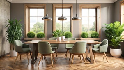 Retro dining table with vinyl chairs and potted plants on a wooden coffee table, against a neutral-colored wall with a large window frame, furniture, dining table