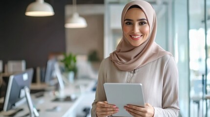 A smiling Muslim woman in a hijab holds a digital tablet, standing in her office. The office features a modern design with professional equipment and clean surfaces