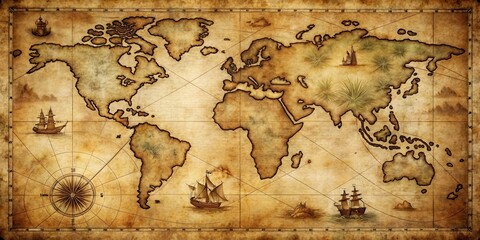 Fototapeta premium Old nautical map with worn parchment texture and faded ink illustrations of sailing ships and islands in the Caribbean Sea, nautical map, oceanic landscape