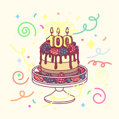 vector anniversary cake with 100 candles and cakestand. Colorful confetty decoration design. Festive cartoon invitation. Celebrate concept. Sweet celebration party card isolated on light background. 
