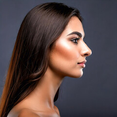 Dunkelhaarige junge Frau, lateinamerikanischer Typ, mit ausgeprägter, markanter Nase im Profil. Portrait. Nahaufnahme.