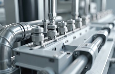 Fototapeta premium Close-up shot of automated steel industrial machine with pipes. Production manufacture products with extrusion tech, industrial concept background. Modern plant tool in workshop.