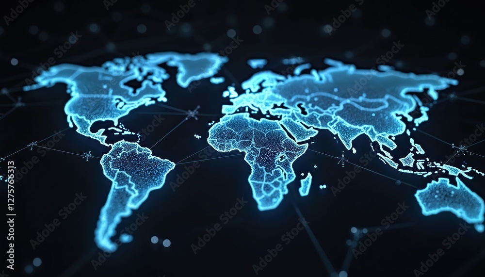 Poster glowing blue, white wireframe earth with lines connecting cities on black background with scattered 