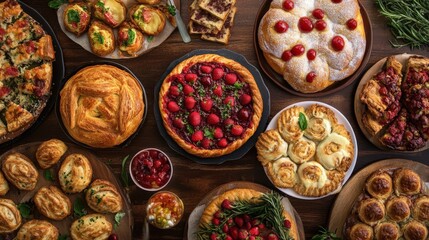 Fototapeta premium A vibrant spread of assorted pastries and desserts beautifully arranged on wooden tables